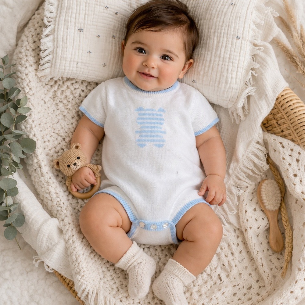 Prenatal White Blue Bear Knit Cotton Romper 3-6 Months Minimalist Baby Soft Cozy